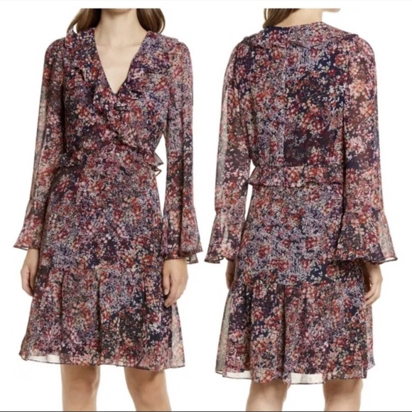 Julia Jordan Multicolor Floral Long Sleeve Flutter Dress NWT Navy and Purple - Picture 1 of 8